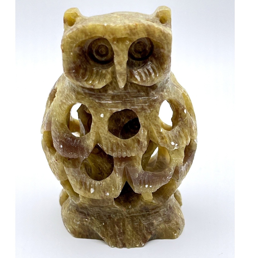 Soapstone Owl Figurine w/baby owl inside 3in Tan Excellent Hand Carved Lattice